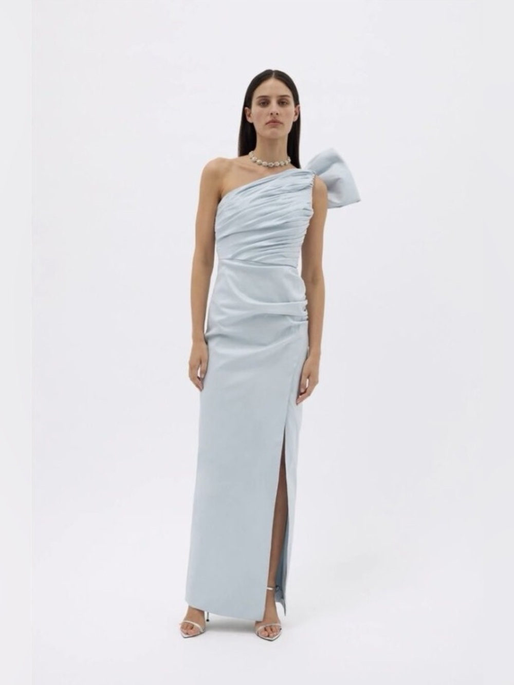 Rachel Gilbert Light Blue One-Shoulder Ruched Gown with Bow - Picture 5 of 13